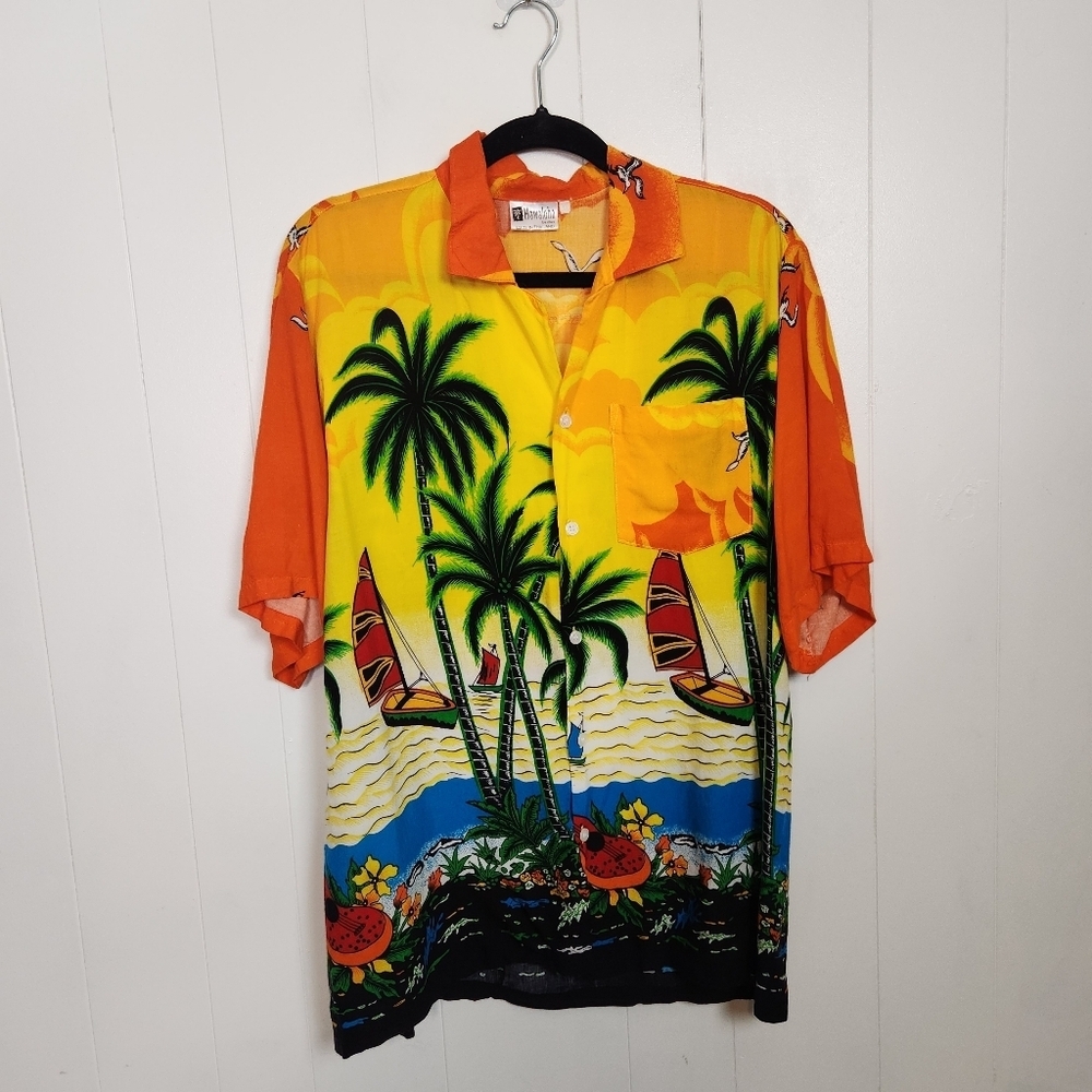 Vintage Hawaii Orange Aloha Shirt Mens Size XL Tropical Beach Sunset Ukulele 90s - Picture 3 of 12